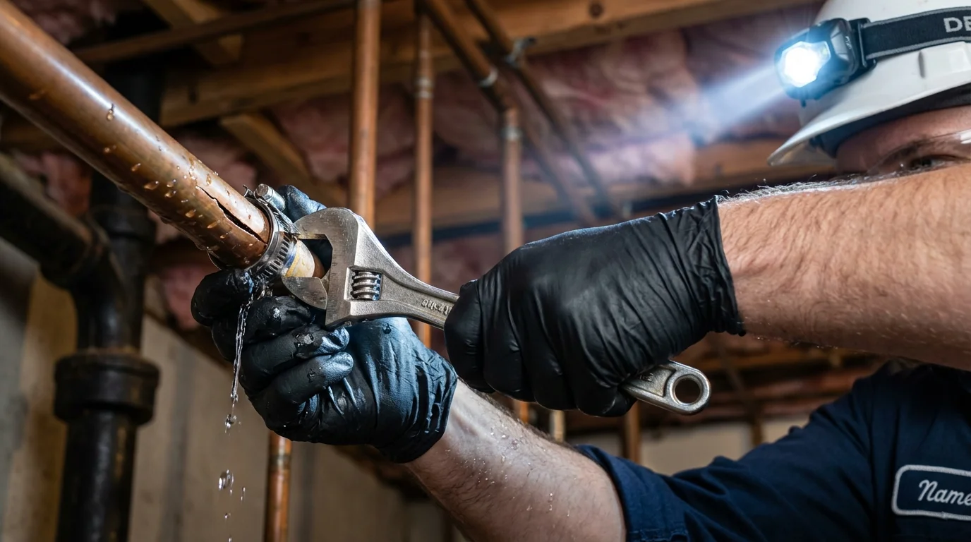 Emergency pipe clamp repair being performed by a Johns Plumbing LLC plumber in Green River