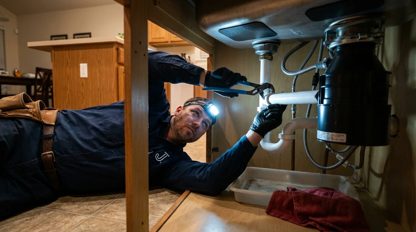 P-trap and supply line connections under a kitchen sink showing a common leak point in Green River, WY